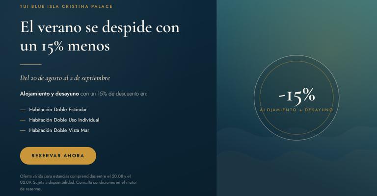 Der Sommer verabschiedet sich mit 15 % Rabatt TUI BLUE ISLA CRISTINA PALACE Hotel Isla Cristina, Huelva, Spanien Der Sommer verabschiedet sich mit 15 % Rabatt TUI BLUE ISLA CRISTINA PALACE Hotel Isla Cristina, Huelva, Spanien